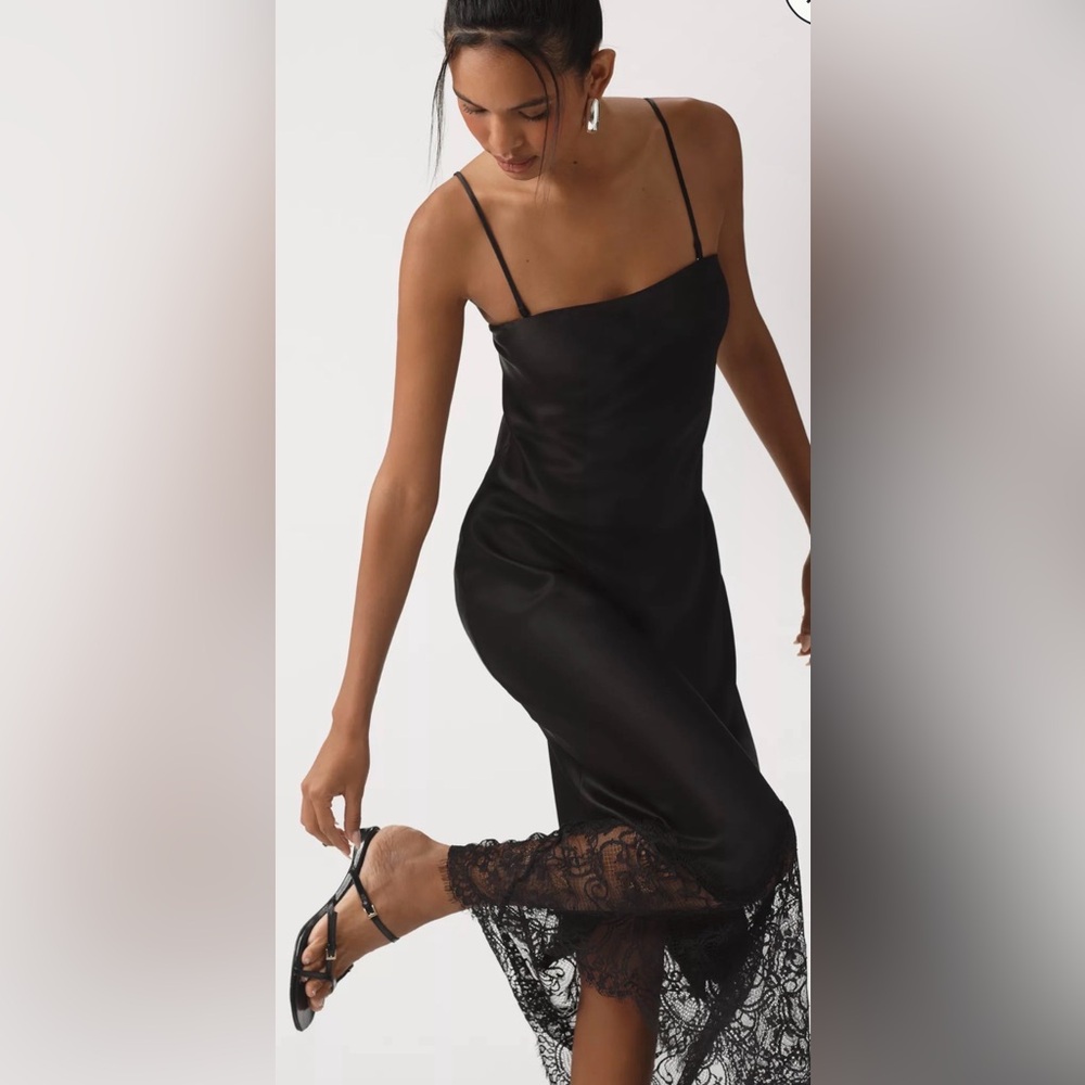 Anthropologie Black Satin Slip Dress